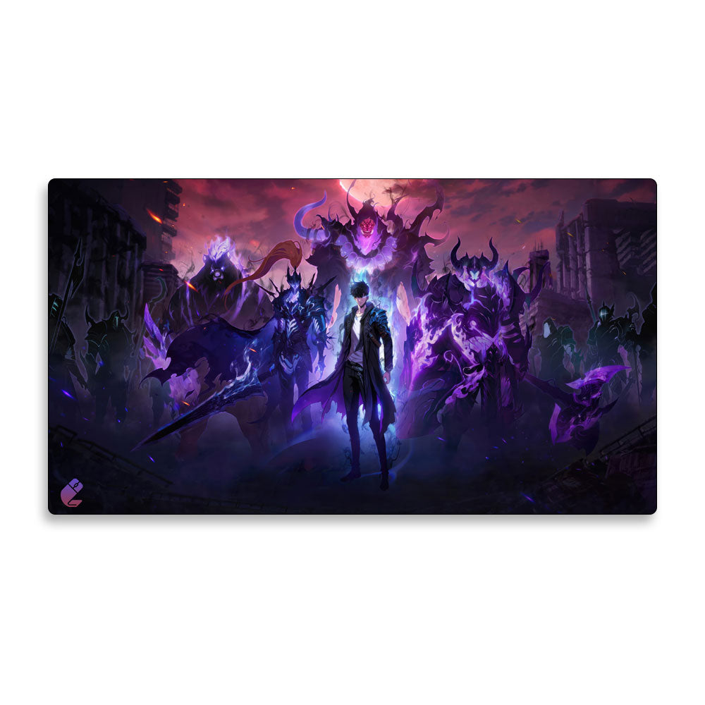 Tapis de souris Solo Leveling avec Sung Jin-Woo et ses ombres invoquées, ambiance dark fantasy violette, design inspiré du manhwa coréen