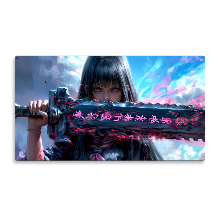 Tapis de souris manga fantasy avec guerrière japonaise et épée magique runique, décor lumineux ciel bleu et rose, style anime épique crazyworth