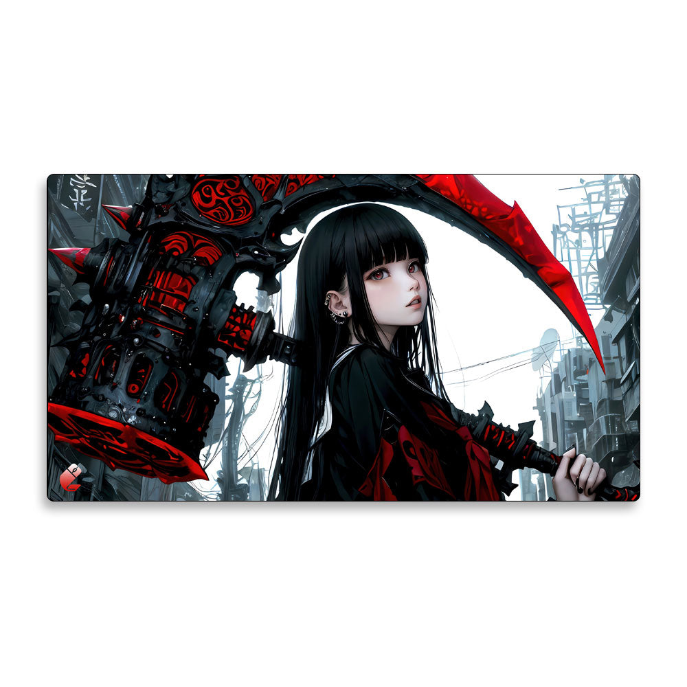 Tapis de souris manga gothique – guerrière japonaise avec faux démoniaque dans un décor cyberpunk futuriste