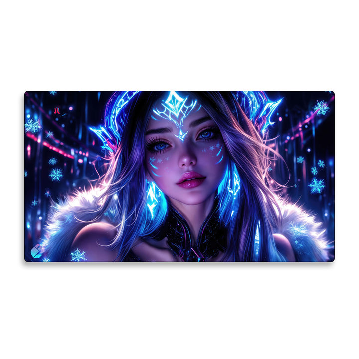 Tapis de souris manga fantasy avec femme aux pouvoirs de glace, couronne lumineuse bleue, cheveux violets et flocons dans un décor magique futuriste