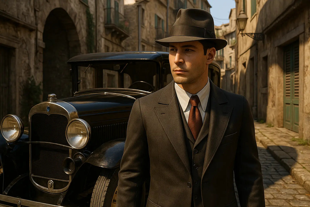 Le protagoniste de Mafia: The Old Country devant une voiture d'époque dans une ruelle sicilienne, illustrant les graphismes avancés du jeu.
