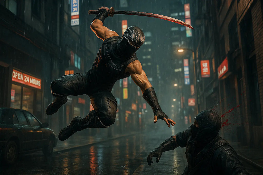 Ryu Hayabusa exécute une attaque acrobatique dans les rues de Tokyo pour Ninja Gaiden 4.